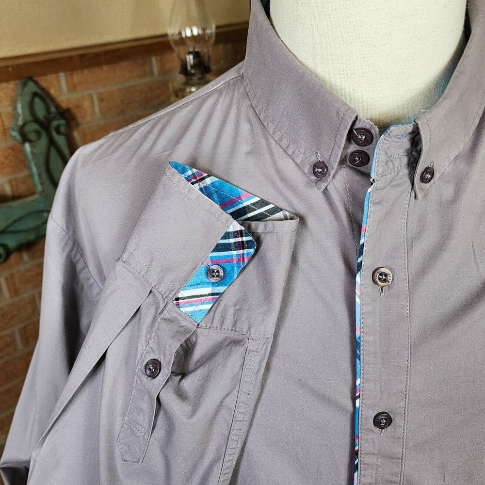 Tomsware Gray Button-Down Shirt Plaid Accents Size 3XL